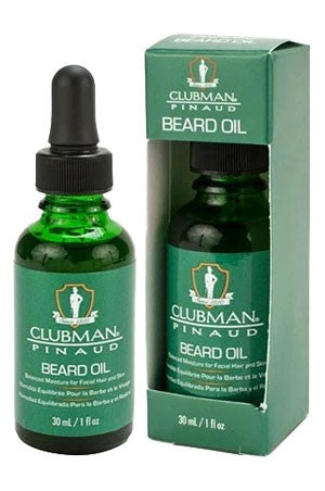 Two bottles of Clubman Pinaud Beard Oil in its original green packaging, indicating 1oz size.